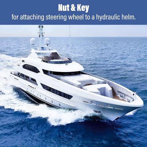 Luxury yacht on the ocean with text overlay about nut and key for attaching to hydraulic helm