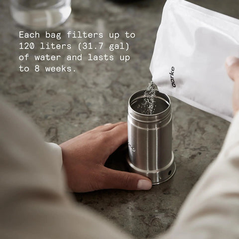 Person pouring Purifier Pitcher Filter Refill Granules That Cut Heavy Metals Lead And Copper Reducing Limescale And Chlorine