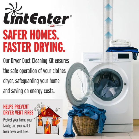 Open front-loading dryer with LintEater Rotary Dryer Vent Cleaning Kit on floor, promoting safer drying and energy efficiency.