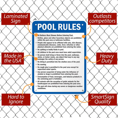 Pool Rules Sign 24 X 18 Inch Must Shower No Spitting No Diving No Running Aluminum Exterior Sign 80 Mil Laminated