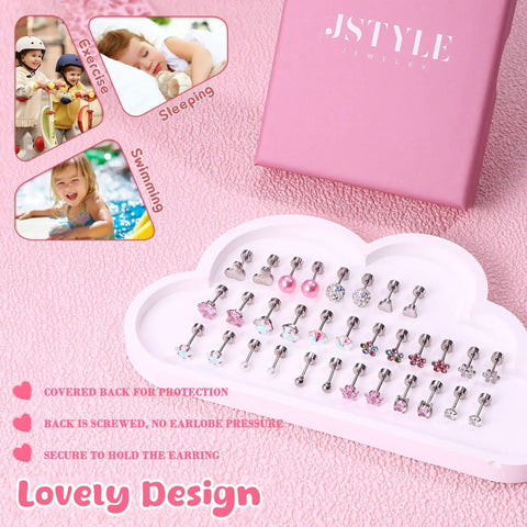 Flat Back Stud Earrings Set for Women and Girls, hypoallergenic stainless steel, heart tray with 16 tiny CZ studs
