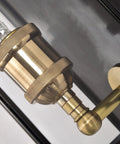 Close-up of brass fixture on Solid Brass Outdoor Wall Lantern Sconce With Tempered Glass For Exterior Porch And Patio Rectangular Waterproof Lighting For House Front Porch Garage And Yard Built Tough Durable Weatherproof Outdoor Wall Light.