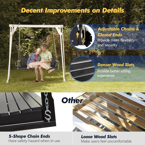 Image showing features of Upgraded Patio Wooden Porch Swing For Courtyard And Garden, Heavy Duty 880 Lbs Swing Chair Bench.