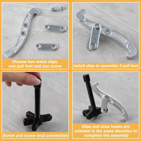 Beefy 3 Jaw Gear Puller Removal Tool Kit with components and assembly steps shown.