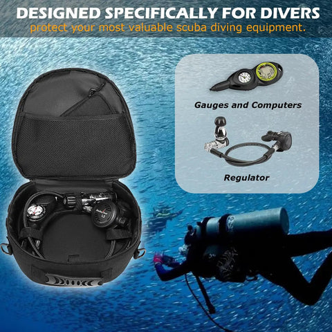 Open padded scuba regulator bag with 7mm foam padding, showing scuba gear inside, nylon case for regulator and accessories, black.
