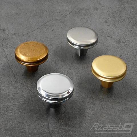 6 Pack Polished Chrome Cabinet Knobs 1-1/4 Inch Round Kitchen Hardware displayed with various finishes on a gray surface
