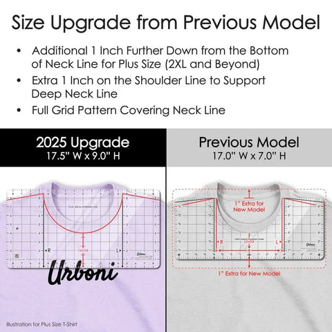 Comparison of 2025 upgrade and previous teeshirt ruler models with size differences for vinyl alignment.