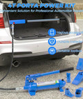4 Ton Hydraulic Porta Power Kit For Truck And Car Frame Repair Includes Heavy Duty Auto Body Jack With 3.9 Ft Hose And Storage Case showing components inside car trunk.