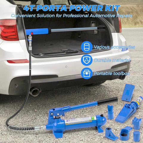 4 Ton Hydraulic Porta Power Kit For Truck And Car Frame Repair Includes Heavy Duty Auto Body Jack With 3.9 Ft Hose And Storage Case showing components inside car trunk.