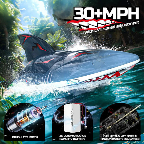 Fast Brushless RC Boat For Adults With Self Righting Hull, Crazy Fast 30 Plus MPH 3S High Speed Remote Control Shark Boat With LED Lights