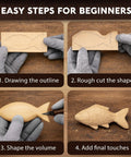 Steps to carve wood fish using All In One Ultimate Starter Whittling Wood Carving Kit For Beginners With Eight Carving Knives Spoon Tools
