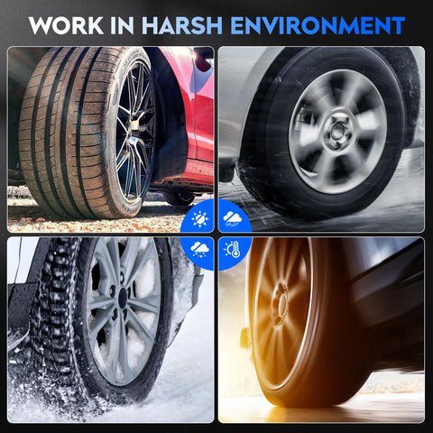 Tires in different driving conditions, showcasing performance in harsh environments like snow, rain, and heat, for durability.