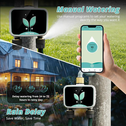 Smart WiFi Water Timer For Garden Hose With App Control No Fuss Setup 2 Zone Brass Inlet And Outlet Rain Delay Auto Manual Modes