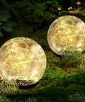 Outdoor Solar Globe Lights With 50 LED Crackled Glass Orbs Waterproof No Wiring Ground Lights For Path Yard Patio Lawn Christmas Decor Warm White 2 Pack 4.7 Inches glowing in a garden