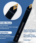 Close-up of single 42CrMo steel holder and golden insert from Pro Grade Carbide Lathe Tool Set For Turning And Threading, All-In-One 21-Piece Kit