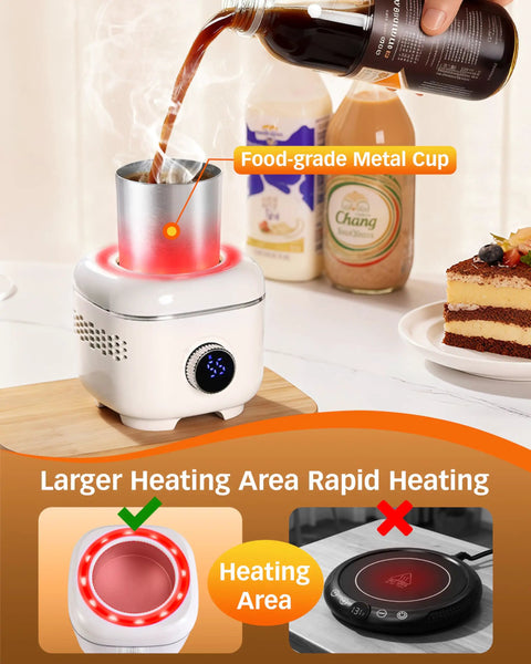 Keep Your Daily Brew Straight Fire Hot Or Perfectly Chilled With This 2 In 1 Electric Mug Warmer And Cooler Stand showcasing food-grade metal cup and larger heating area.