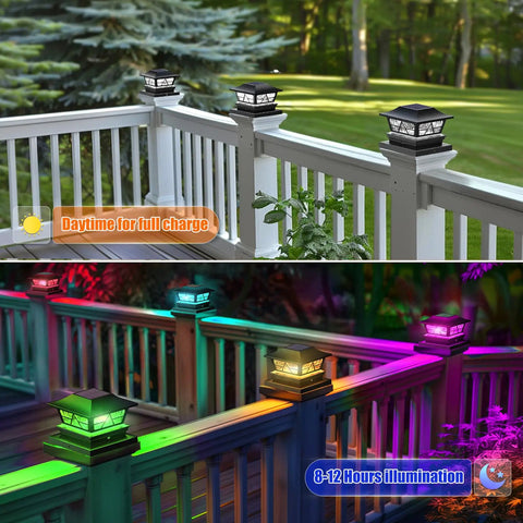 8 Pack Solar Post Cap Lights for Outdoor Deck and Garden, solar powered lights on wood posts, day and night view, colorful glow