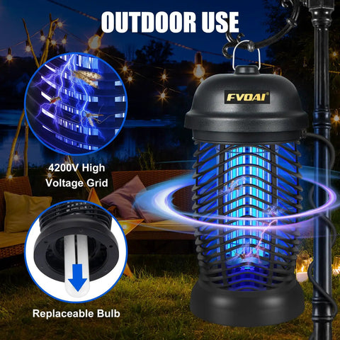 High Voltage Outdoor Bug Zapper 4200V Electric Insect Killer For Mosquitoes Flies Gnats And Wasps, Indoor Outdoor Use, 1/2 Acre Coverage, 3 Prong Plug ABS Plastic Black with glowing grid at night