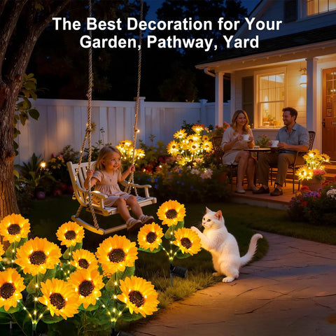 9 Sunflower Solar Garden Lights Outdoor Set illuminating a yard with a child on a swing and a cat interacting with the lights.