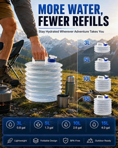 Collapsible Water Container With Spigot For Camping And Travel Foldable Water Jug showcasing size and outdoor use on a mountain trail