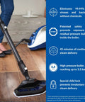 Smart Steam Mop With Handheld Unit Including Twelve Versatile Attachments To Sanitize Tile Hardwood Carpet And Car Detailing No Sweat, user operating steam mop on hardwood floor.