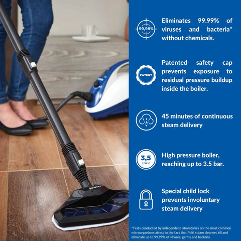 Smart Steam Mop With Handheld Unit Including Twelve Versatile Attachments To Sanitize Tile Hardwood Carpet And Car Detailing No Sweat, user operating steam mop on hardwood floor.