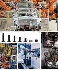 Robotic assembly line with car frame and 115 Piece M8 Screws And Nuts Assortment Kit for automotive manufacturing.