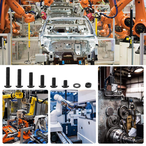 Robotic assembly line with car frame and 115 Piece M8 Screws And Nuts Assortment Kit for automotive manufacturing.