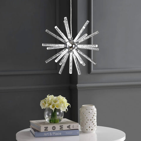 Chrome Integrated LED Starburst Pendant Light, 19.5 Inch Sputnik Chandelier with adjustable height in a modern room setting