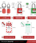OSHA Compliant Lockout Tagout Kit With 85 LOTO Devices And Durable Toolbox Includes Locks Breaker And Valve Lockouts Tags Inspection Tags Cable Lock Plug Lock Hasps For Quick Safe Energy Control showing padlocks, tags, and hasps.
