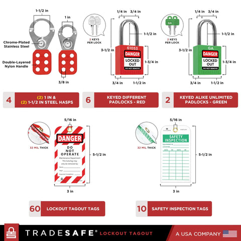 OSHA Compliant Lockout Tagout Kit With 85 LOTO Devices And Durable Toolbox Includes Locks Breaker And Valve Lockouts Tags Inspection Tags Cable Lock Plug Lock Hasps For Quick Safe Energy Control showing padlocks, tags, and hasps.