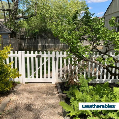 Heavy Duty Double Gate Hardware Kit For Outdoor Vinyl Fences Featuring Knockout Locking Latch view, showcasing white vinyl gate in garden setting.