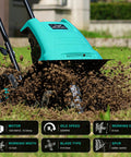 Electric Rototiller Garden Tiller with 12 Inch Tilling Width and 8 Inch Cutting Depth, 10.5 Amp Cultivator working in soil
