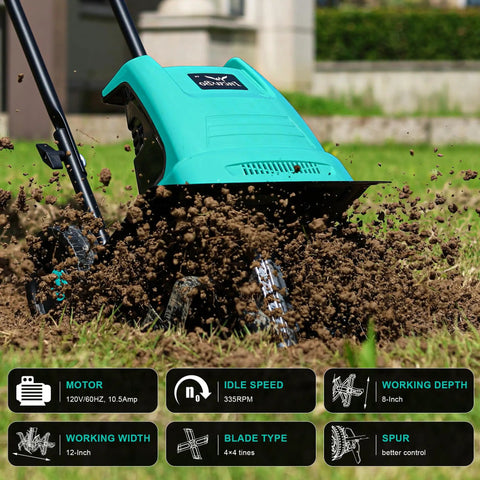 Electric Rototiller Garden Tiller with 12 Inch Tilling Width and 8 Inch Cutting Depth, 10.5 Amp Cultivator working in soil