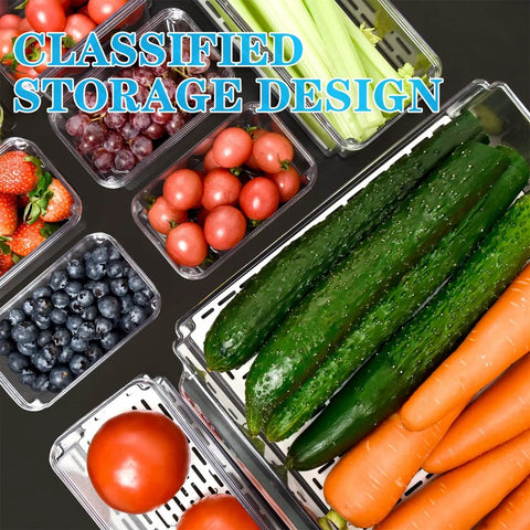 10 Pack Fridge Organizer Bins With Lids holding cucumbers, carrots, tomatoes, grapes, and berries, stackable clear containers