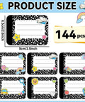144 Piece Composition Name Tag Stickers for Students Classroom Decor in Six Styles, 2.6 x 3.5 Inches, with colorful designs.