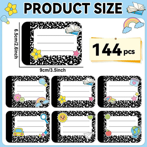 144 Piece Composition Name Tag Stickers for Students Classroom Decor in Six Styles, 2.6 x 3.5 Inches, with colorful designs.
