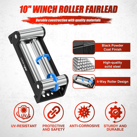 10 Inch Winch Fairlead Roller Guard For Steel Cable, Heavy Duty 4 Way Universal Cable Guide With Mounting Hardware