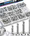 Pro Grade Hex Washer Head Self Drilling Screws And Tapping Fasteners From Tough 410 Stainless Steel With 300 Piece Assorted Kit Plus Matching Washers in transparent case.