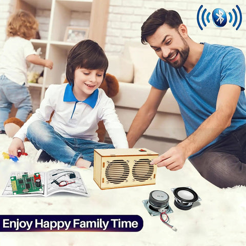 Child assembling Bluetooth Speaker Kit For Kids And Teens, Kid Friendly Hands On STEM Project That Teaches How Speakers Work, Wooden Build