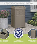 Hideaway Outdoor Trash Can With Lid 30 Gallon Decorative Wicker Style Garbage Bin In Dark Taupe on patio next to plants