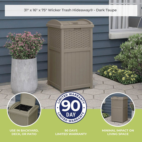 Hideaway Outdoor Trash Can With Lid 30 Gallon Decorative Wicker Style Garbage Bin In Dark Taupe on patio next to plants