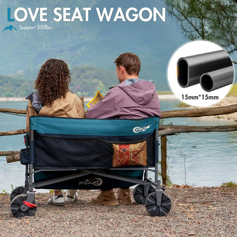 3 In 1 Heavy Duty Utility Wagon With Five Hundred Pound Capacity that transforms into a two seat beach bench by a lake.