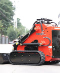Side view of red Stomp Mini Skid Steer Loader 1800lbs Compact Machine for Gardens Farms Parks and Roads Ideal for Digging