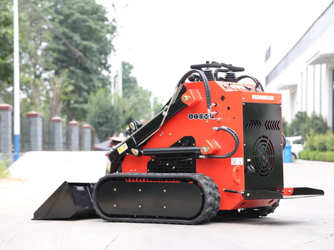 Side view of red Stomp Mini Skid Steer Loader 1800lbs Compact Machine for Gardens Farms Parks and Roads Ideal for Digging