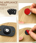 8 Pack Self Adhesive Caster Wheels With 360 Degree Swivel for Small Appliances installation process showing peel and stick