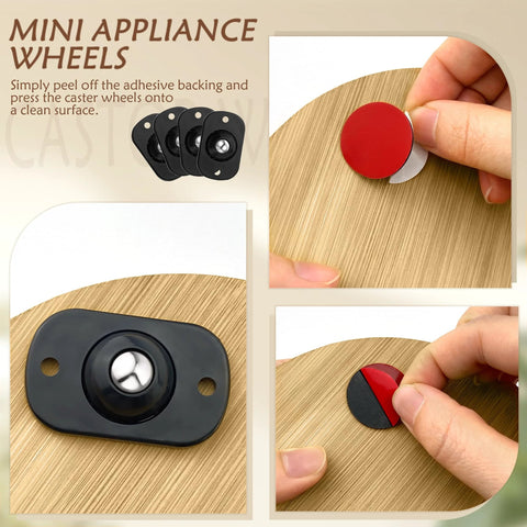 8 Pack Self Adhesive Caster Wheels With 360 Degree Swivel for Small Appliances installation process showing peel and stick