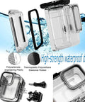GoPro Waterproof Case For Hero 13 12 11 10 9 Black showing polycarbonate and rubber materials with components on water splash background