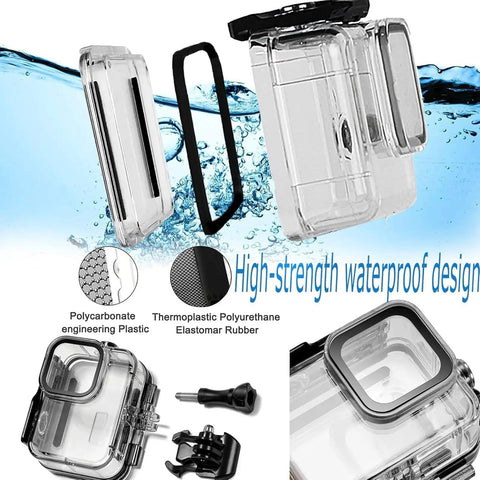 GoPro Waterproof Case For Hero 13 12 11 10 9 Black showing polycarbonate and rubber materials with components on water splash background