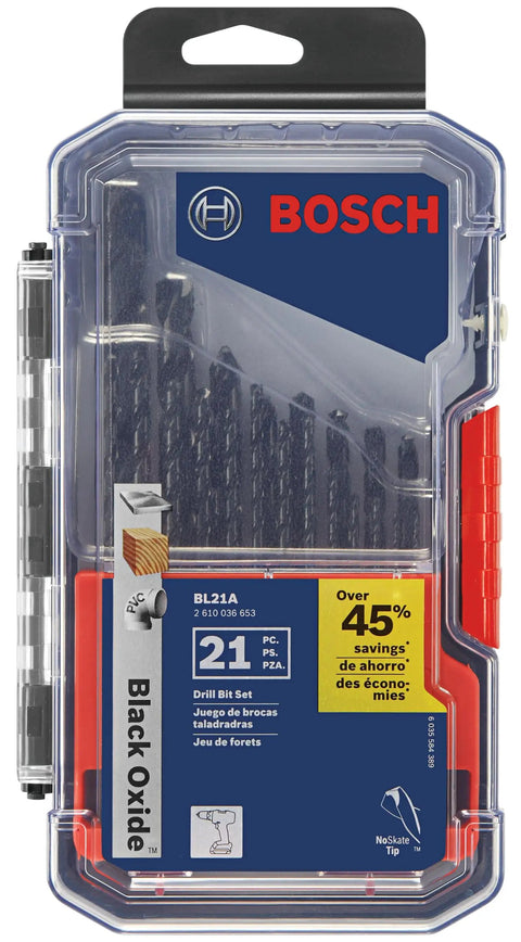 21-Piece Black Oxide Drill Bit Set With Case For Wood Metal And Plastic, Split-Point Bits For No-Skate Clean Starts, Heavy-Duty Coating For Longevity, Ideal For Light-Gauge Metal And General Drilling Projects